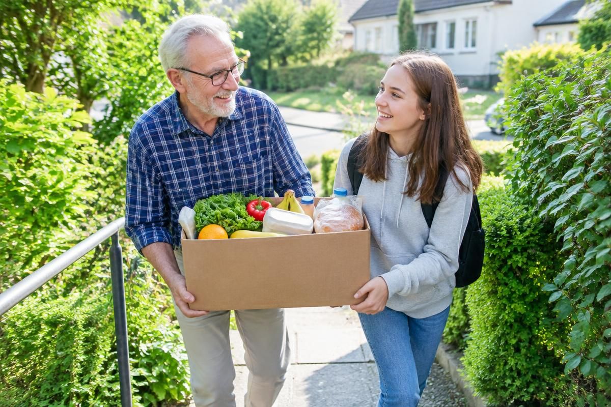 An older man and his teenage granddaughter carrying a box of shopping together